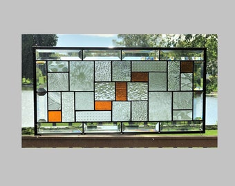 Stained glass window hanging panel geometric abstract suncatcher beveled clear transom 0220 22 1/2 x 11 1/2