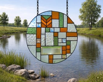 Arts and crafts stained glass window hanging round mission prairie style geometric 0537 12 inches across