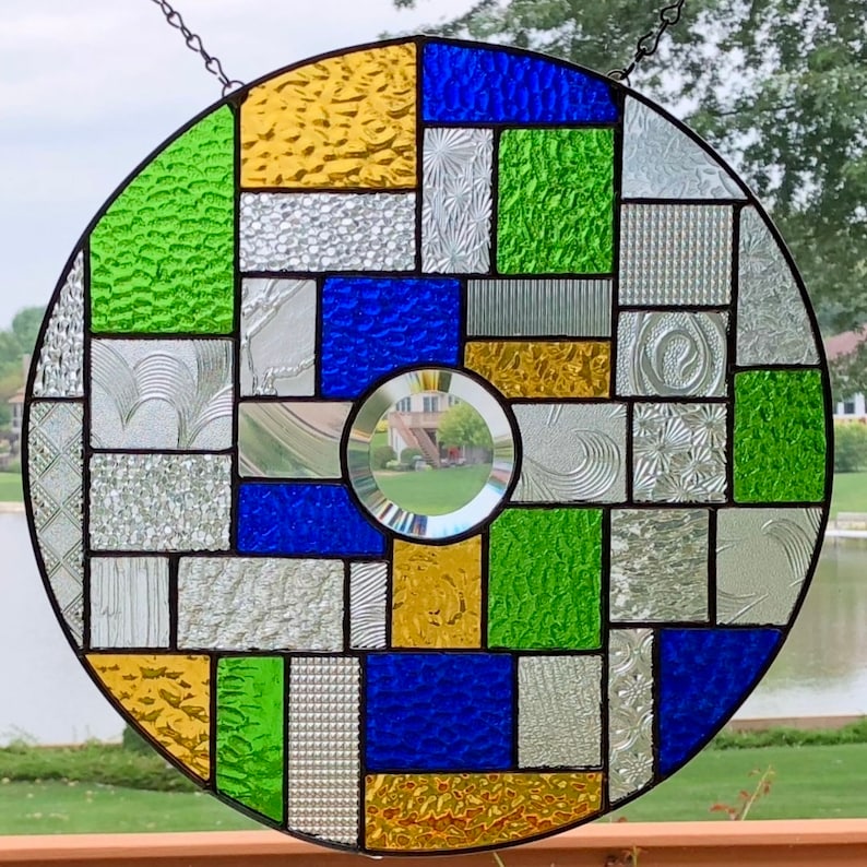 Round stained glass window panel blue green amber suncatcher abstract stained glass panel window hanging geometric 0380 13 34 x 13 34