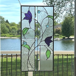 Victorian stained glass window panel clears purple flower large vertical 0562 24 1/2 x 12 1/2