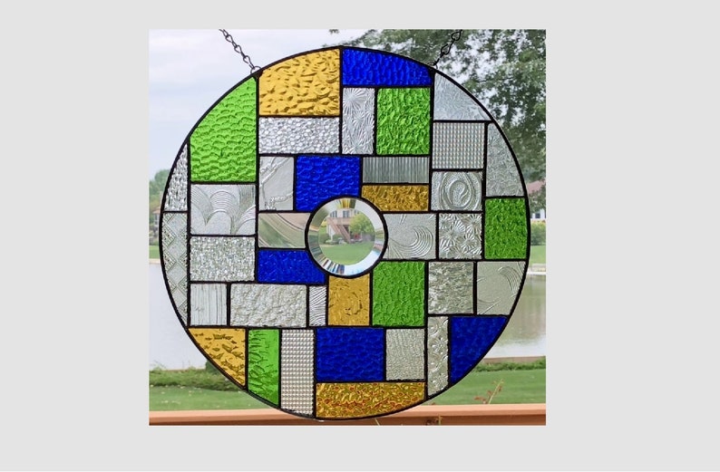 Round stained glass window panel blue green amber suncatcher abstract stained glass panel window hanging geometric 0380 13 34 x 13 34