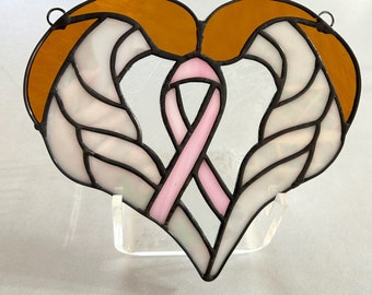 Cancer Awareness Stained Glass Suncatcher with heart Angel Wings Pink Ribbon Decor