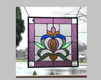 Stained glass panel window hanging Edwardian flower clear purple panel square 0576 13 1/2 x 13 1/2