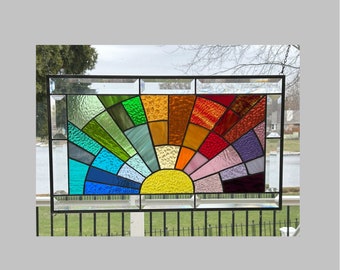 Stained glass panel window hanging rainbow arch geometric medium 0454 21 1/2 x 12 1/2