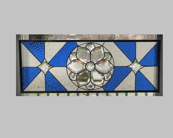 Stained glass window panel Victorian bevel cluster clear and blue large transom 0539 30 3/4 x 11 3/4