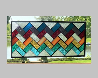Stained glass window panel hanging herringbone rainbow geometric modern 0525 rectangle 21 1/2 x 10 1/4