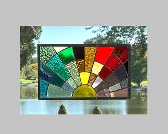 Stained glass window panel small rainbow arch sunrise sunset geometric window hanging suncatcher 0479 12 1/2 x 7 1/2