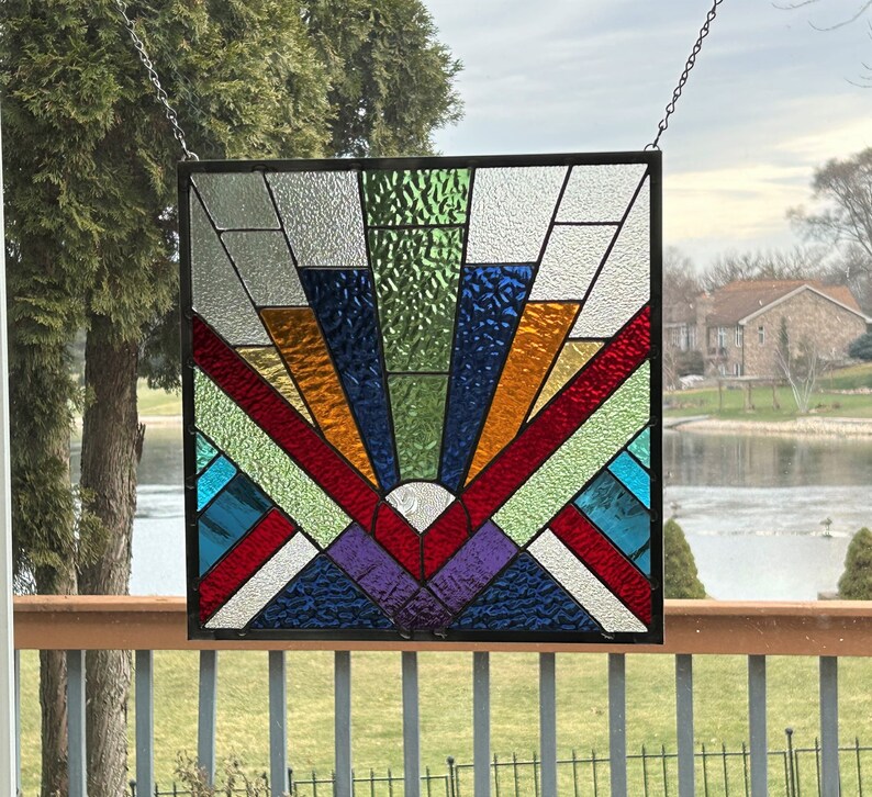 Stained Glass Panel Window Hanging Art Deco Square Stained Etsy