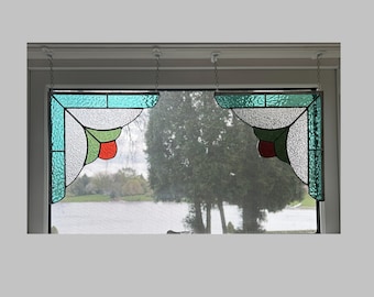 Pair of 10 3/8 x 10 3/8 rose flower corner triangles stained glass window hanging suncatcher 0585