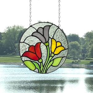 Stained glass panel round tulips suncatcher window hanging 8 1/4 across