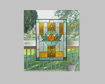 Stained glass panel window hanging large Arts and crafts mission prairie style flower 0449 15 1/2 x 20 1/2