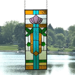 Arts and crafts stained glass panel window hanging 0476 21 1/4 x 8