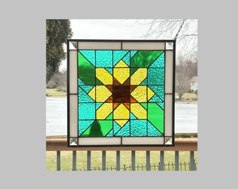 Stained glass panel window hanging sunflower quilt square 0582 11 3/8 x 11 3/8