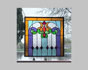 Stained glass window hanging suncatcher glass panel amber purple Victorian 0564 square 14 x 14