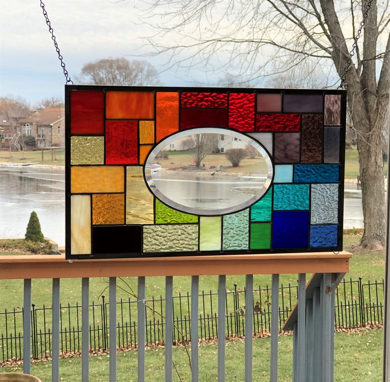 Stained glass panel window hanging oval bevel rainbow stained Etsy