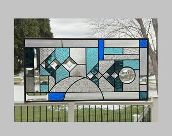 Stained glass panel window hanging geometric abstract stained glass window panel suncatcher transom 0464 22 3/8 x 11 3/8