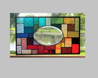 Stained glass panel window hanging rainbow geometric with oval bevel 0349 19 1/2 x 11 1/2