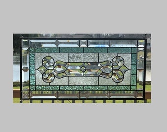 Stained glass window panel Victorian bevel cluster clear and aqua green stained glass panel window hanging 0538 23 x 11 1/2