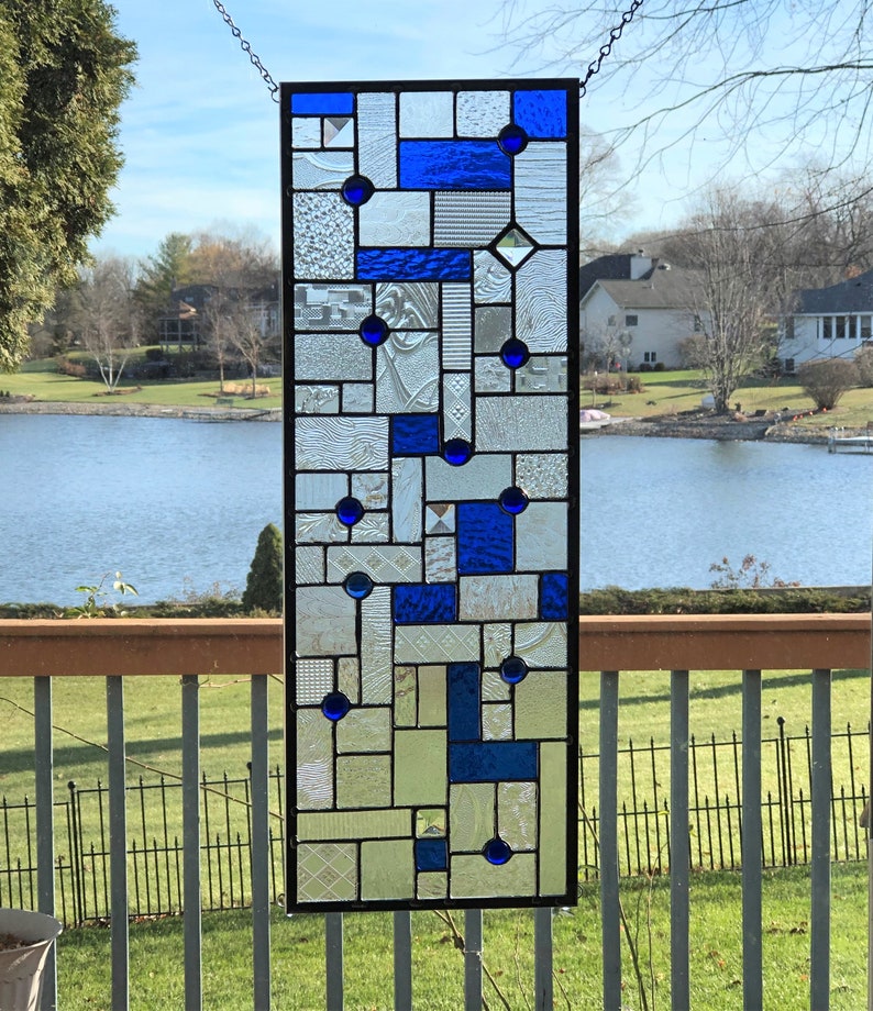 Abstract Stained Glass Panel Window Hanging Geometric Stained Etsy