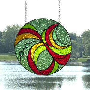 Stained glass window panel hanging round suncatcher earth tones 10x10 0529