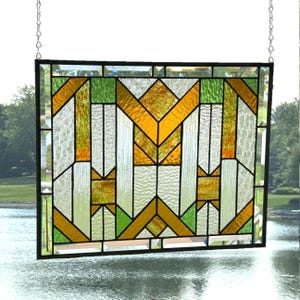 Large stained glass window panel mission prairie style 0523 15 1/2 x 19 1/2