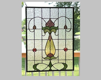 Stained glass window Edwardian flower large yellow wine green and clear 14 x 18 3/4