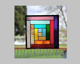 Quilt stained glass panel window hanging rainbow log cabin design stained glass window panel  square 0493 9 1/2 x 9 1/2