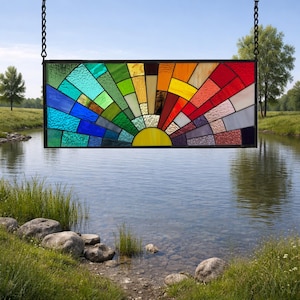 Panel Made to order Stained Glass Rainbow Window Geometric Sunrise Sunset Arch
