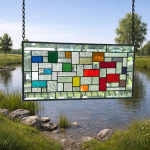 Rainbow Stained Glass Window Panel Beveled Geometric Transom (22 1/2 x 11 1/2)