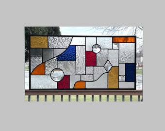 Stained glass panel window hanging large geometric with jewel and bevels 0577 24 1/2 x 12 1/2