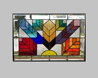 MADE TO ORDER Stained glass window panel Arts and crafts rainbow Mission style 0227 20 1/2 x 13 1/2