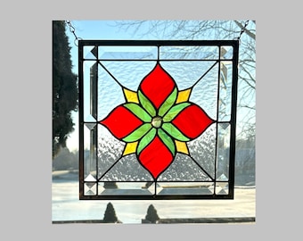 Art Deco stained glass panel window hanging orange flower square suncatcher 0569 10 1/2 x 10 1/2