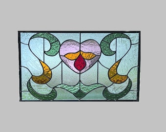 Simple Victorian heart stained glass panel window hanging amber purple 0565 18 1/2 x 11
