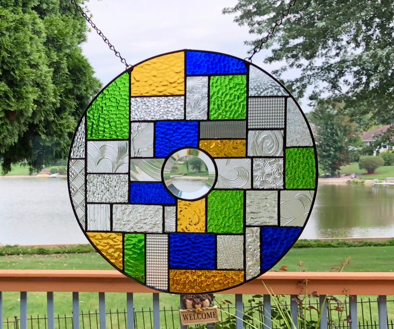 Round stained glass window panel blue green amber suncatcher abstract stained glass panel window hanging geometric 0380 13 34 x 13 34