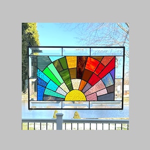 Beveled stained glass panel window rainbow arch geometric stained glass window panel hanging abstract 0475 17 3/8 x 11 3/8