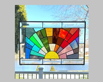 Beveled stained glass panel window rainbow arch geometric stained glass window panel hanging abstract 0475 17 3/8 x 11 3/8