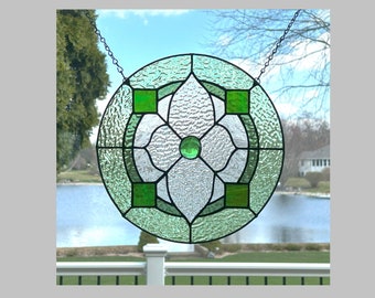 Victorian style stained glass suncatcher green clear window hanging art round 12x12 12 x 12 0541