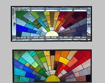 Made to order style choice Stained glass panel window large rainbow arch horizontal geometric window  panel hanging sunrise sunset 0463