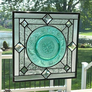 Choice of color Stained glass window panel geometric with Tiara plate 0551 13 1/2 x 13 1/2
