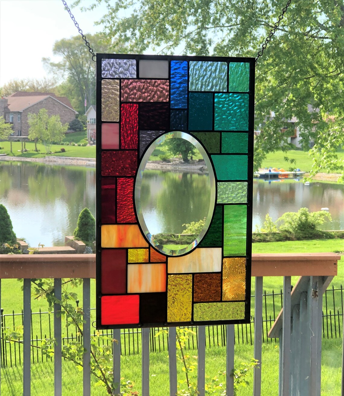 Stained Glass Window Panel – Waterlily Lotus Flower Pond Design, 34.25\" X 20.25\", Copper Foil & Frame