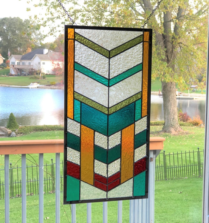 Arts and crafts stained glass window panel chevron stained Etsy
