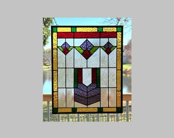 Stained glass panel window hanging flower Arts and crafts mission style 0514 18 1/2 x 15