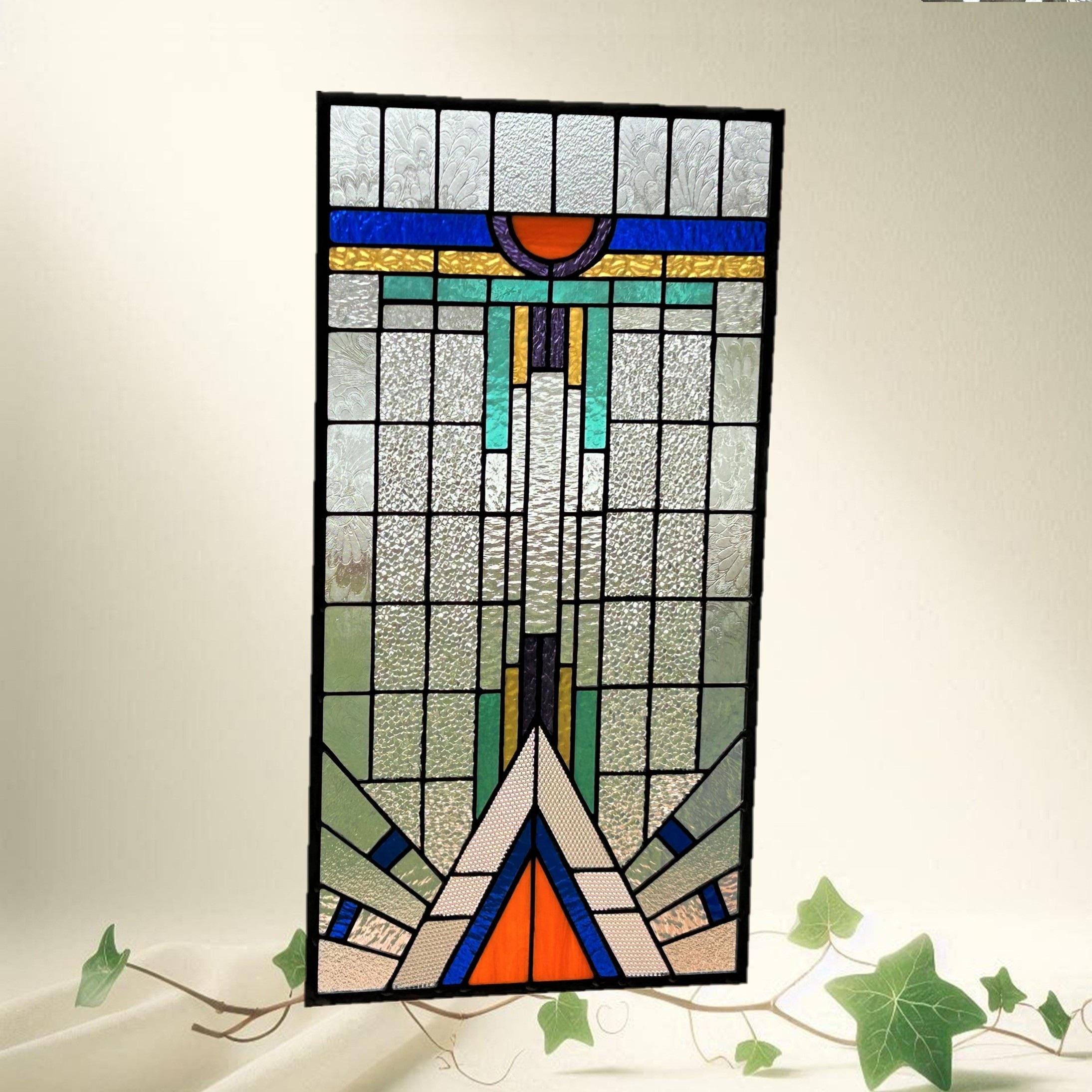 Stained Glass Panel Window Hanging Art Deco Clear Blue Large 0509