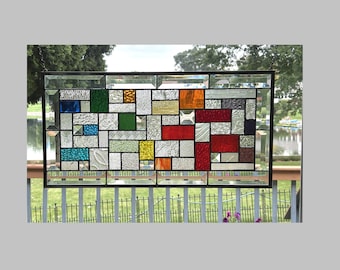 Transom stained glass window panel hanging beveled rainbow and clear geometric abstract 0574 22 1/2 x 11 1/2