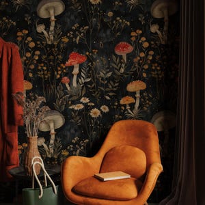 May include: Wallpaper featuring a dark black background with a repeating pattern of various mushrooms, including red-capped toadstools, and small white wildflowers with green foliage. The design includes detailed botanical illustrations of fungi.