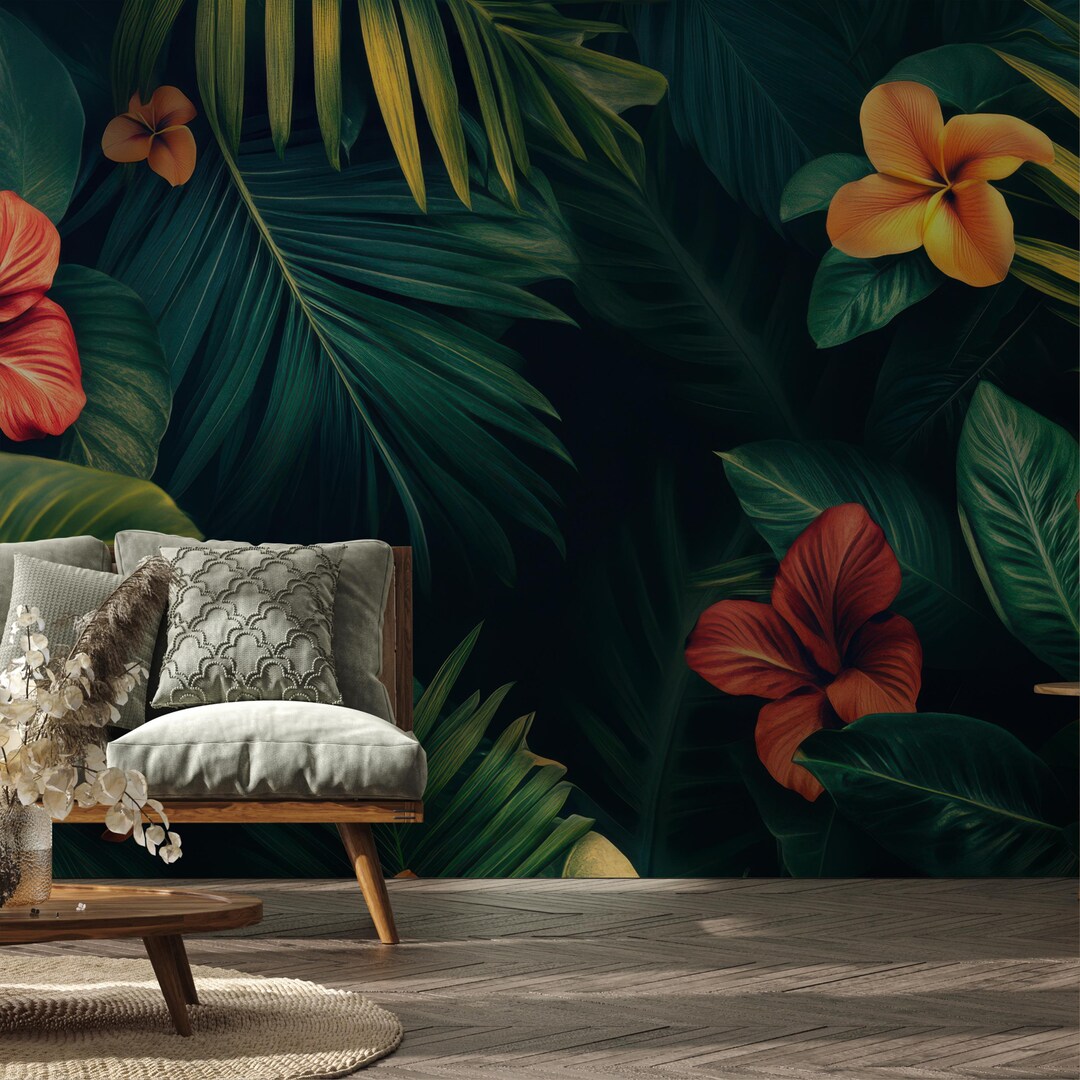 Moody Tropical Floral Peel & Stick Wallpaper | Dark Jungle Leaves and ...