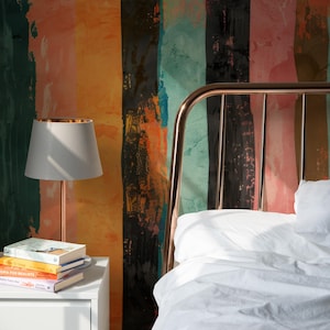 Abstract Painted Stripe Peel and Stick Wallpaper | Terracotta Teal Black Distressed | Wall Mural | Removable Renter Safe | Smooth Fabric