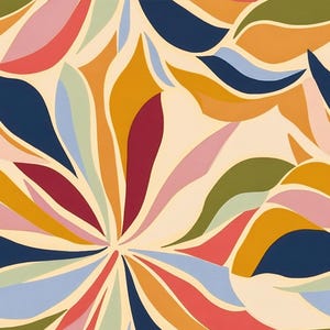 May include: A repeating pattern featuring stylized, elongated leaf or petal shapes in a vibrant palette of navy blue, mustard yellow, olive green, soft pink, and light blue, all set against a solid, creamy off-white background.