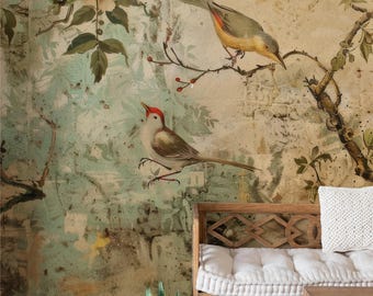 Vintage Chinoiserie Birds & Blossoms Peel and Stick Wallpaper | Teal and Warm Beige Mural | 26" Panels | Removable | Smooth/Fabric/Canvas