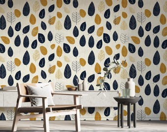 Navy and Mustard Leaf Peel and Stick Wallpaper, Mid Century Botanical Pattern, Removable Cream Wall Mural for Living Room Home Decor